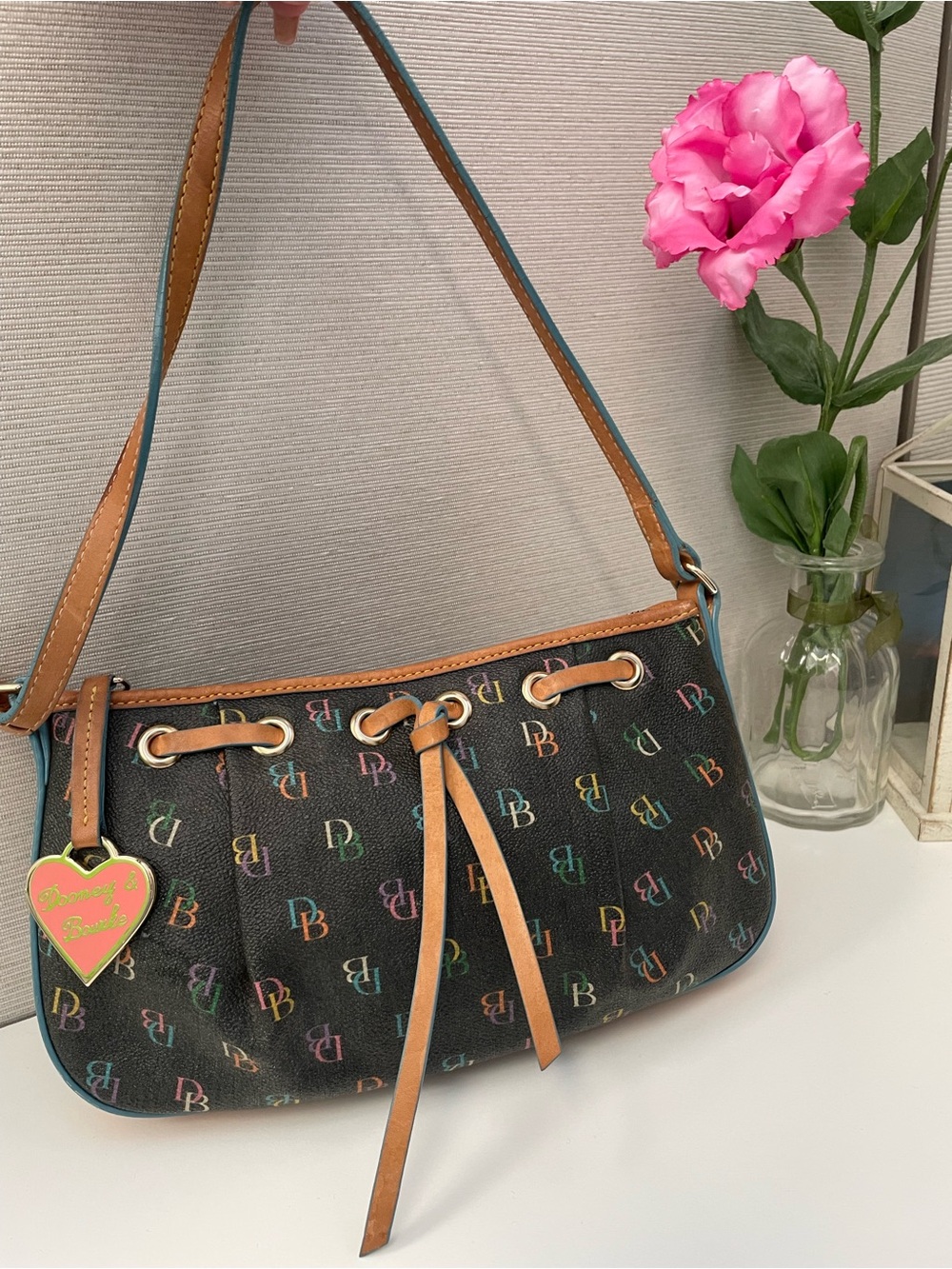 Dooney & Bourke Black Multicolor DB Logo Shoulder Bag with Tan Trim
